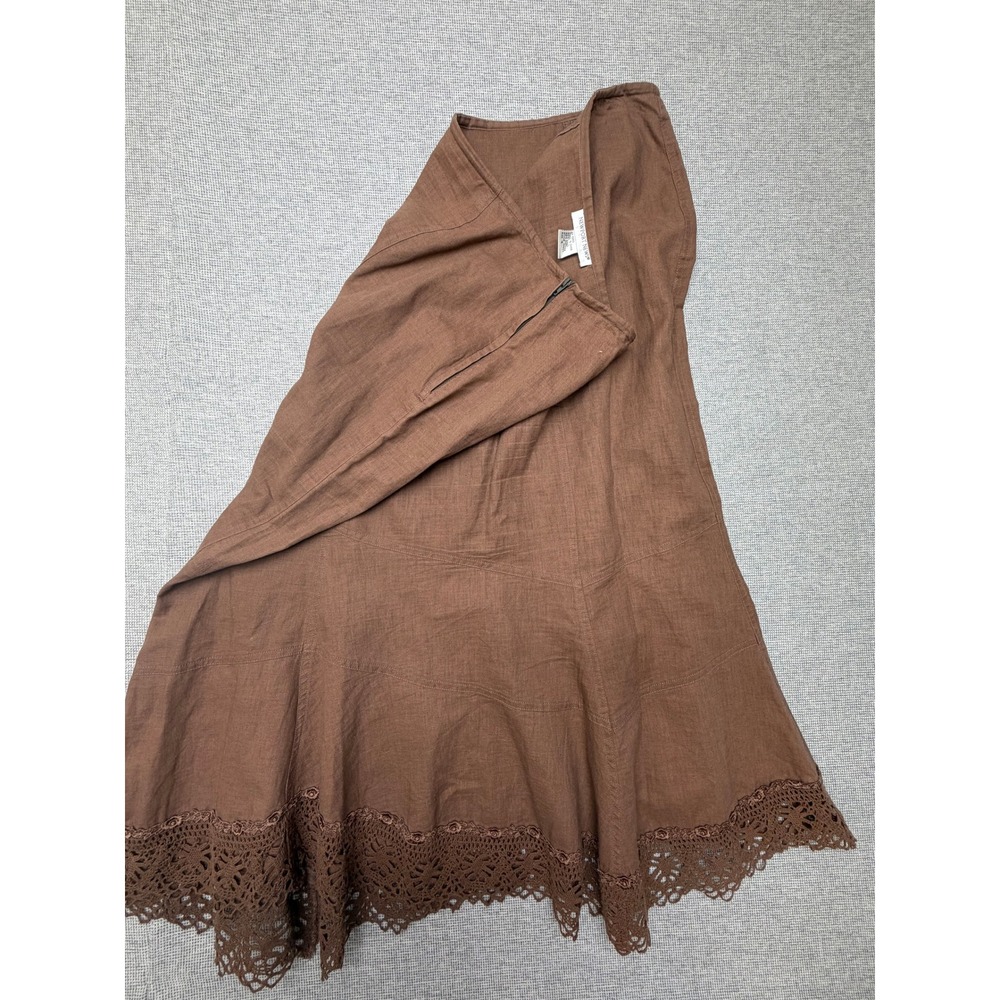 Newport News Brown Linen Cotton Crochet Lace Trim Midi Skirt Size 16 Cottagecore - Picture 3 of 4